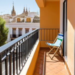 **

Prompt: "Cozy apartment in Seville, Spain. Balcony overlooking a sunny street, landlord interviewing a potential tenant. Focus on job security."

**