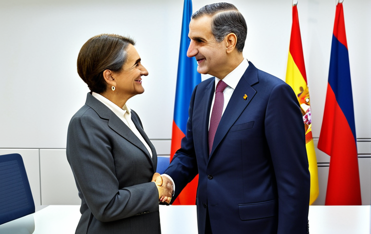 **

"King Felipe VI of Spain, fully clothed in a professional business suit, standing in a modern office shaking hands with a foreign diplomat. Background includes flags of different nations. Professional environment, appropriate attire, safe for work, perfect anatomy, natural proportions, high quality, well-formed hands, proper finger count, natural pose, professional."

**