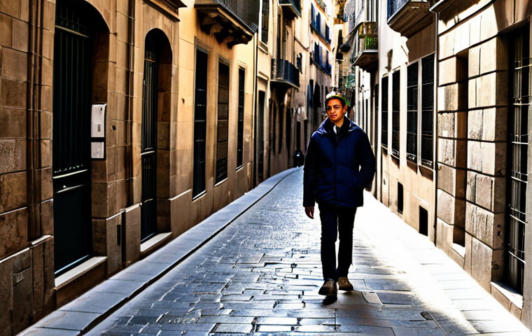 미로와 바르셀로나의 예술 - Gothic Quarter Exploration**
"A tourist in appropriate attire, fully clothed, walking down a narrow...