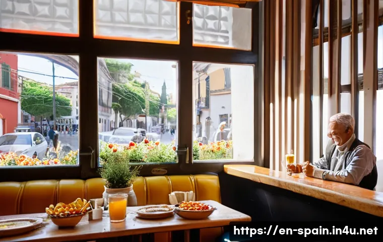 스페인 카페 문화와 음료 - **Prompt:** A vibrant, sun-drenched Spanish caf&eacute; during the morning rush. The scene captures the liv...