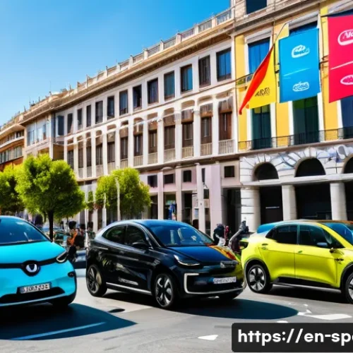 스페인의 자동차 시장 - A vibrant street scene in central Madrid showcasing a diverse range of electric vehicles, including ...