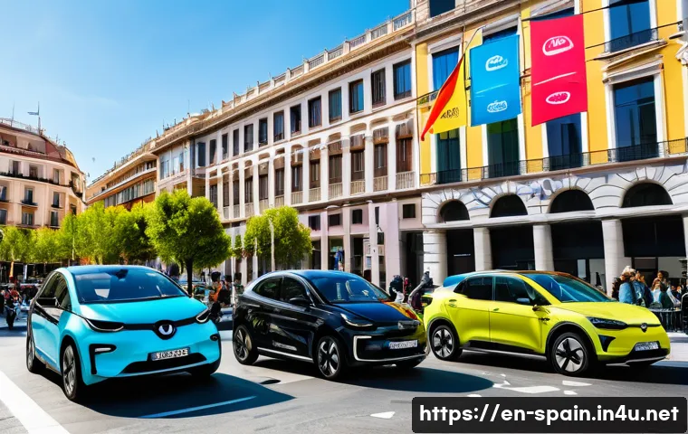 스페인의 자동차 시장 - A vibrant street scene in central Madrid showcasing a diverse range of electric vehicles, including ...
