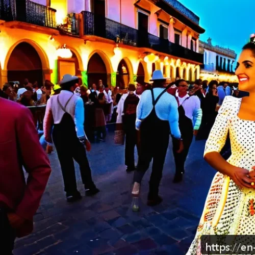 스페인 축제 일정 및 정보 - A vibrant street scene during Seville&rsquo;s Feria de Abril at dusk, featuring women and men dressed in t...
