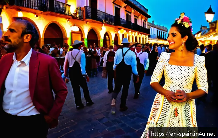 스페인 축제 일정 및 정보 - A vibrant street scene during Seville&rsquo;s Feria de Abril at dusk, featuring women and men dressed in t...