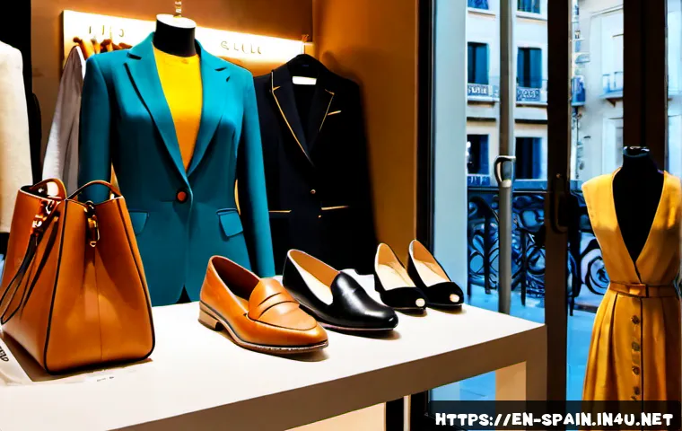 스페인의 패션 브랜드 분석 - Photorealistic editorial scene analyzing Spanish fashion retail, a stylish Barcelona boutique displa...