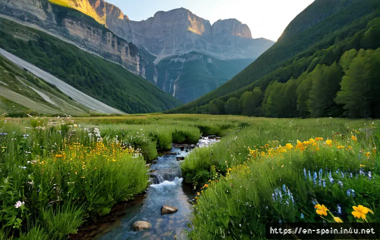 스페인의 국립공원과 자연경관 - Photorealistic sunrise landscape in Ordesa y Monte Perdido National Park, Spanish Pyrenees, dramatic...