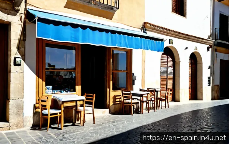 Home 17 스페인의 노동 문화와 시에스타 - Photorealistic midday scene in a traditional Spanish city, a small family-run café with closed woode...