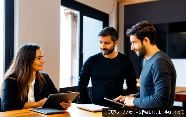 스페인의 스타트업 트렌드 - Photorealistic editorial scene of a diverse team of Spanish startup founders collaborating in a brig...